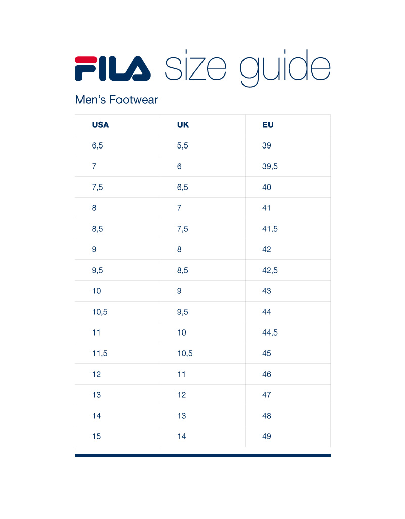 fila size chart shoes korea